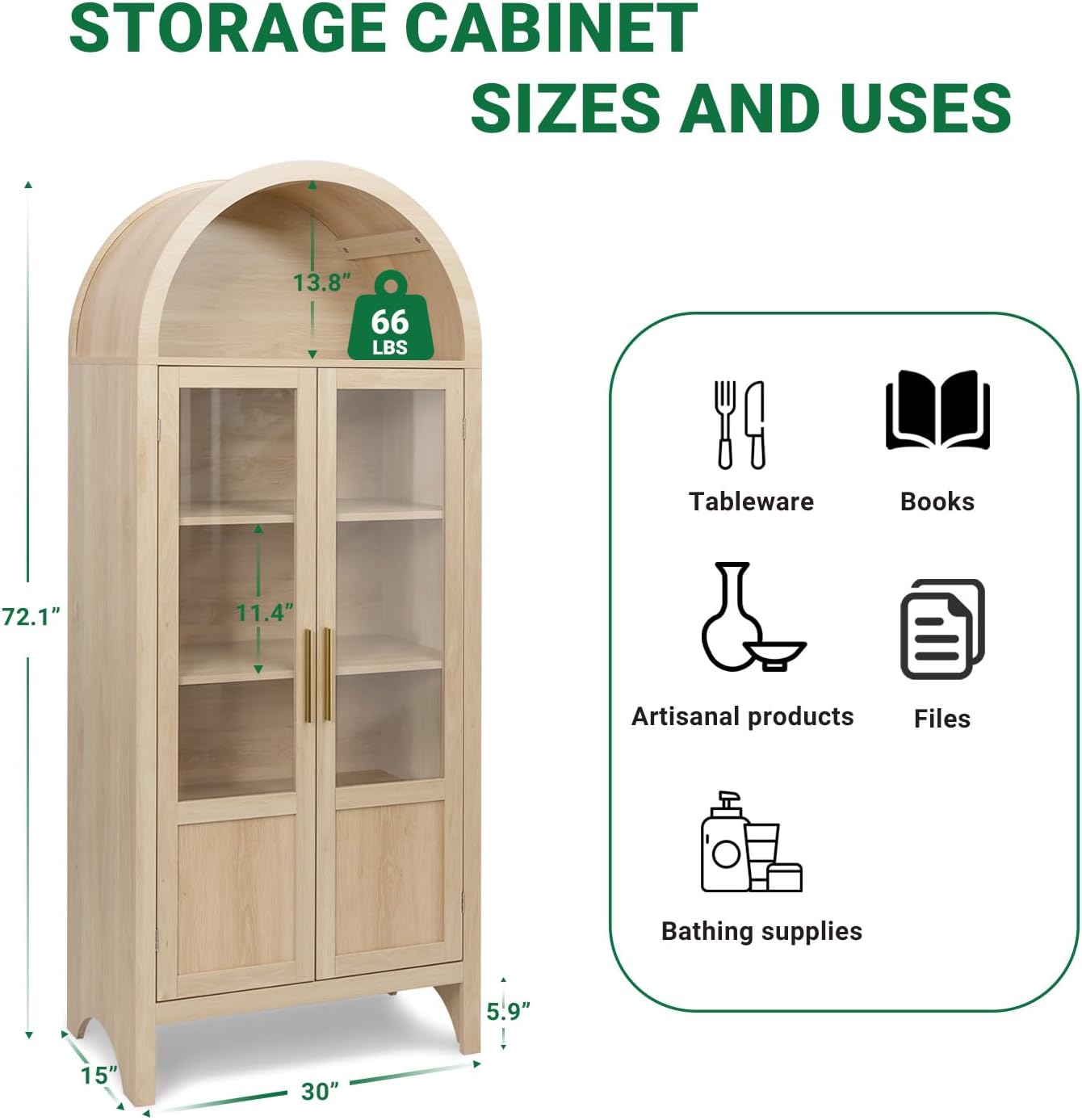 Arched Storage Cabinet with 2 Doors and 5-Tier Shelves for Living Room, 71" Tall Wooden Pantry Cabinet for Dining Room and Kitchen, Floor Bathroom Organizer, Natural Wood Color