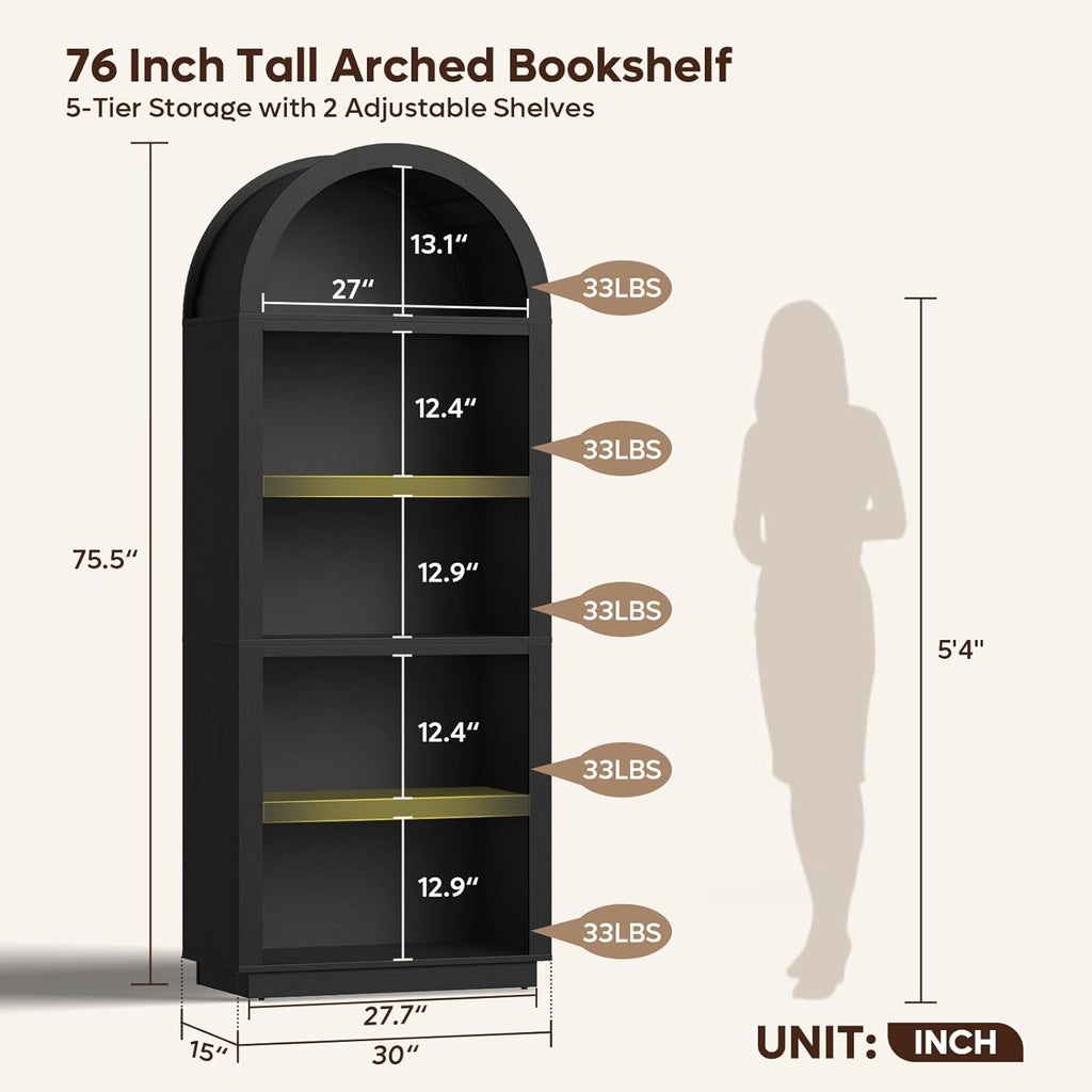 Bestier 76" Tall Arched Bookshelf, 5 Tier Arched Bookcase with Adjustable Book Shelves, Large Arch Wood Bookshelf, Modern Farmhouse Open Display Tall Bookcase for Bedroom, Home Office, Bedroom, Black