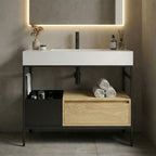 36" Bathroom Console Sink with Metal Legs, Bathroom Vanity with White Sink, Storage Drawer and Metal Basket, Utility Sink for Hotel, Laundry Room, Garage, Basement