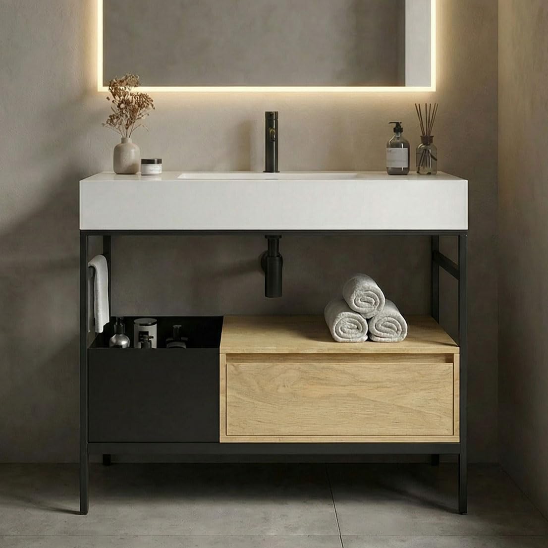 36" Bathroom Console Sink with Metal Legs, Bathroom Vanity with White Sink, Storage Drawer and Metal Basket, Utility Sink for Hotel, Laundry Room, Garage, Basement