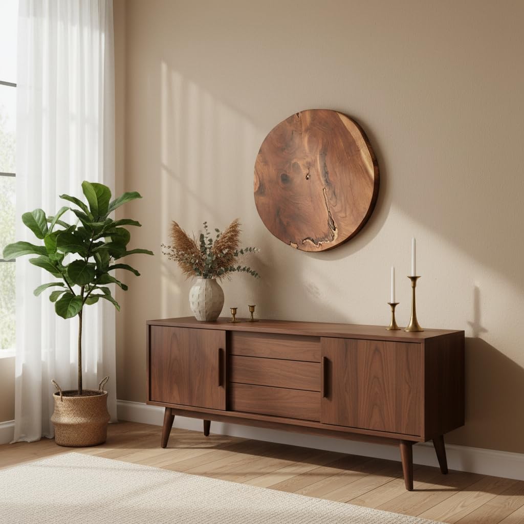 Greenage Natural Solid Wood Slab Round Board 15.5" x 15.5" x 1.95" Rustic Table Top Live Edge Brown Teak Slabs for Coffee Side Table Home Wall Decor Art