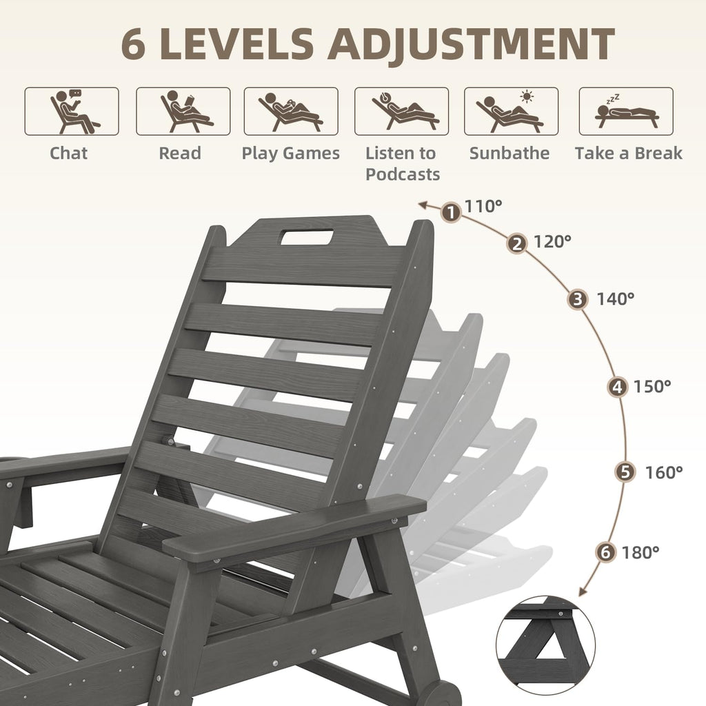 Mdeam 6-Position Pool Outdoor Lounge Chairs Set of 2, 22" W Oversized Adjustable Chaise Lounger 500LBS Capacity, HDPE Furniture Tanning Chair with Wheels & Cup Holder for Outside Patio Deck, Dark Grey