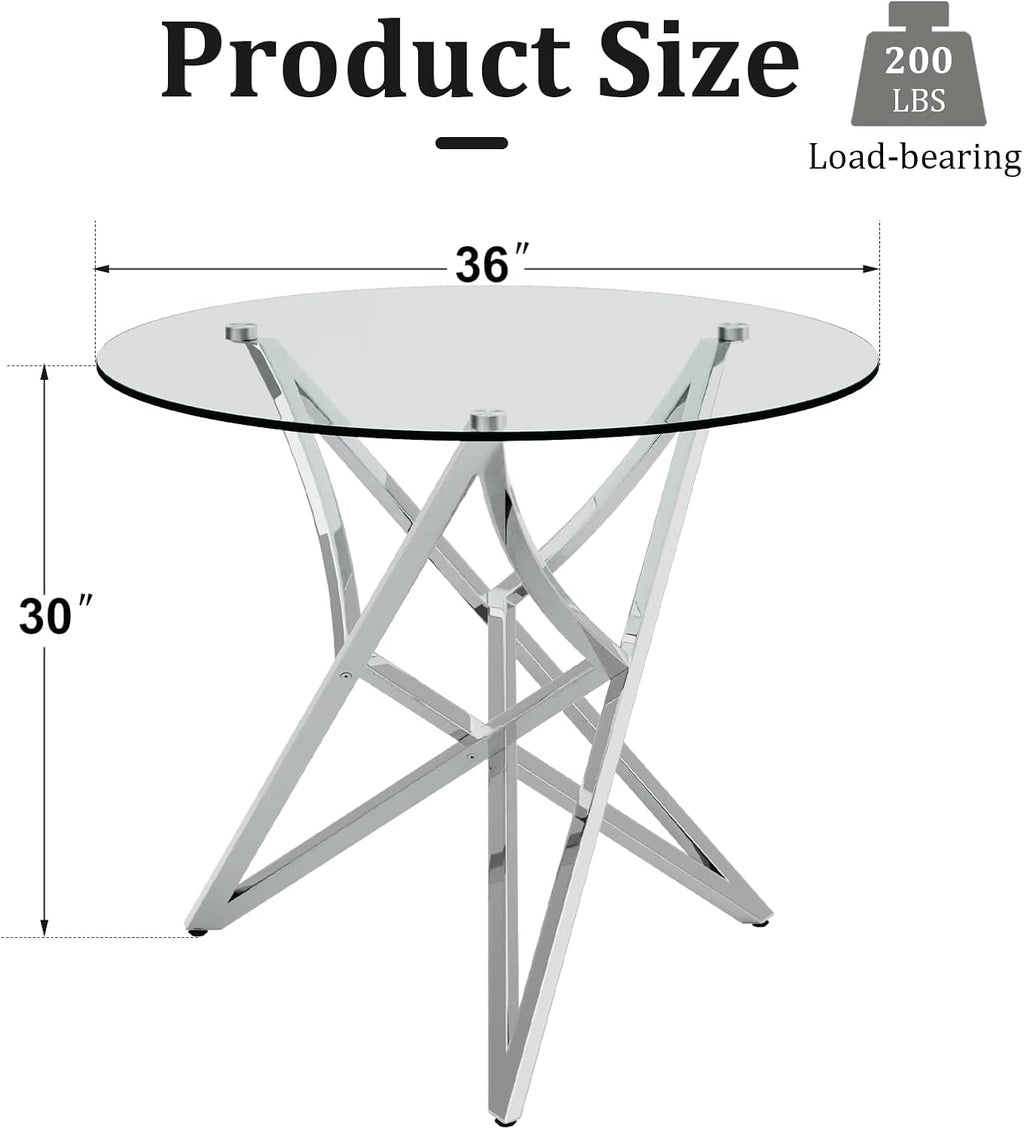 Round Glass Dining Table, 36" Small Kitchen Table for 2-4, Modern Dining Room Table with Clear Tempered Glass Top and Silver Stainless Steel Legs for Apartment, Small Space