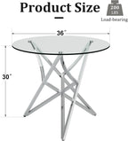 Round Glass Dining Table, 36" Small Kitchen Table for 2-4, Modern Dining Room Table with Clear Tempered Glass Top and Silver Stainless Steel Legs for Apartment, Small Space
