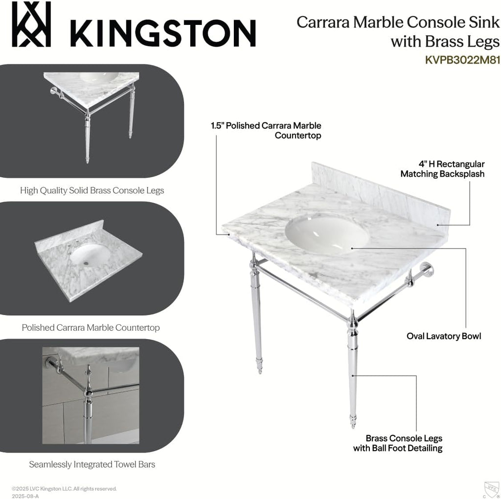 Kingston Brass KVPB3022M87 Edwardian 30" Console Sink with Brass Legs (8-Inch, 3 Hole), Marble White/Brushed Brass