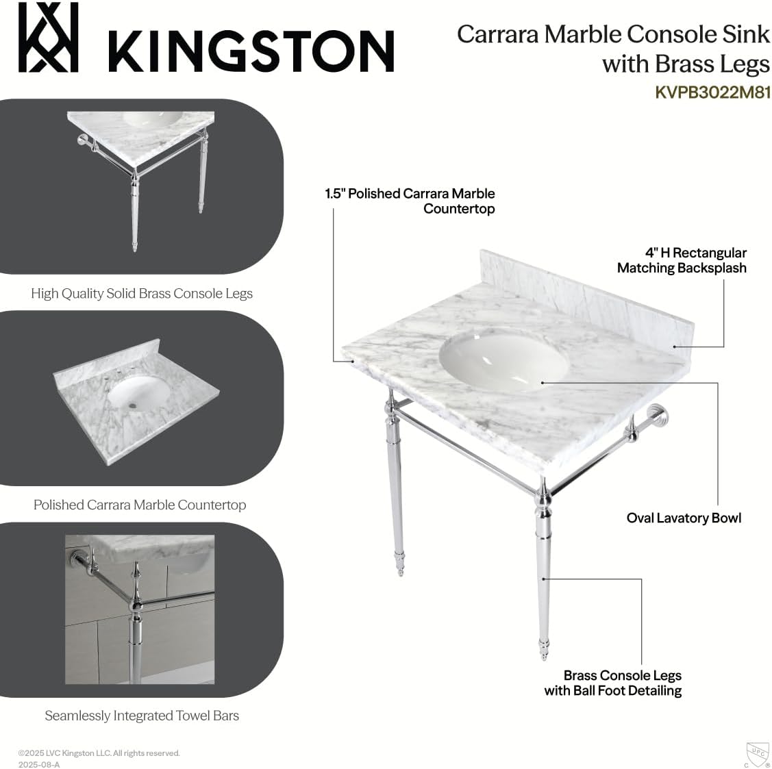 Kingston Brass KVPB3022M87 Edwardian 30" Console Sink with Brass Legs (8-Inch, 3 Hole), Marble White/Brushed Brass
