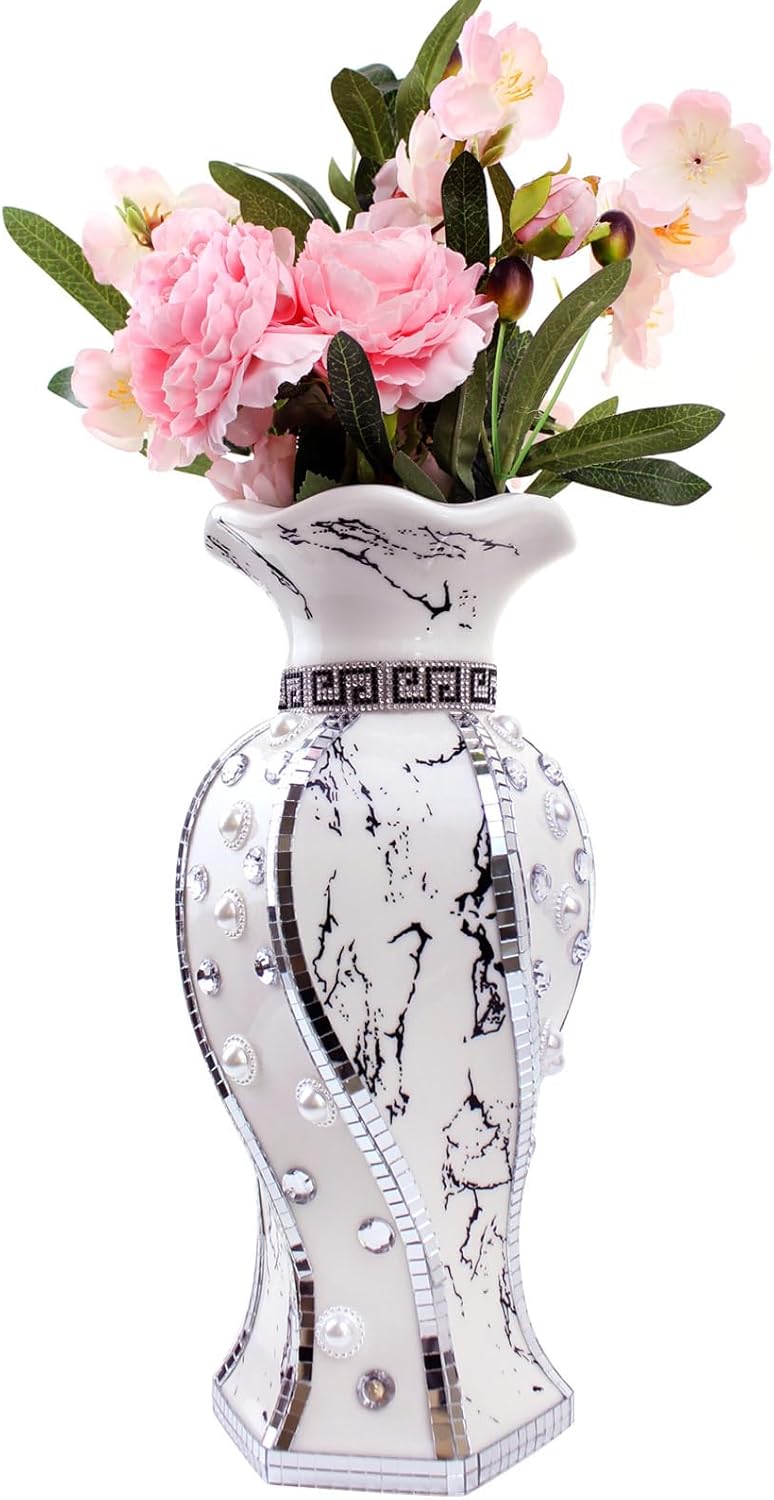 Modern Decorative Vase,Silver Flower Vase for Home Decor with Rhinestone,30 cm Luxury Ceramic Vase for Centerpiece,Living Room,Bedroom,Large Flower Vase