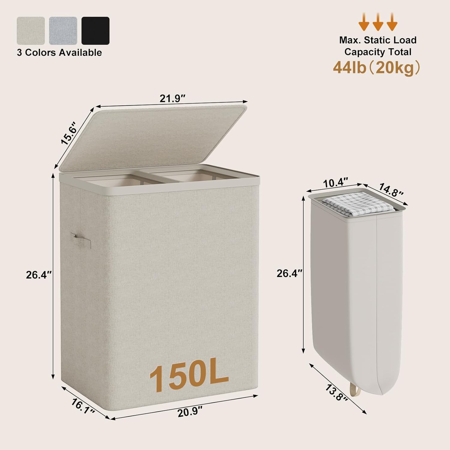 Double Laundry Hamper with Lid, 150L Laundry Basket 2 Compartments, Dirty Clothes Hamper with Handles and Removable Liners for Laundry Room, Easy Assembly, Beige