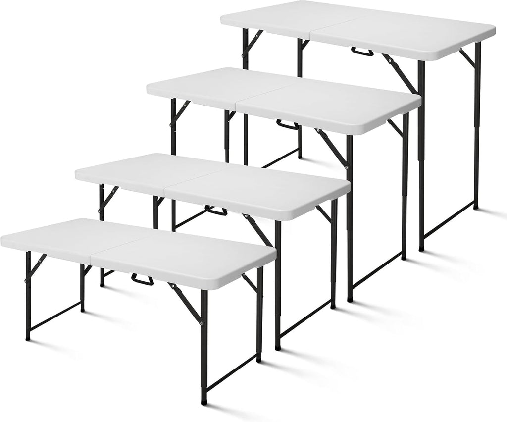 4ft Folding Table, Portable Fold-in-Half Adjustable Height Utility Table for Indoor/Outdoor Use, Durable HDPE & Steel, Stable & Lightweight, Multi-Purpose, White