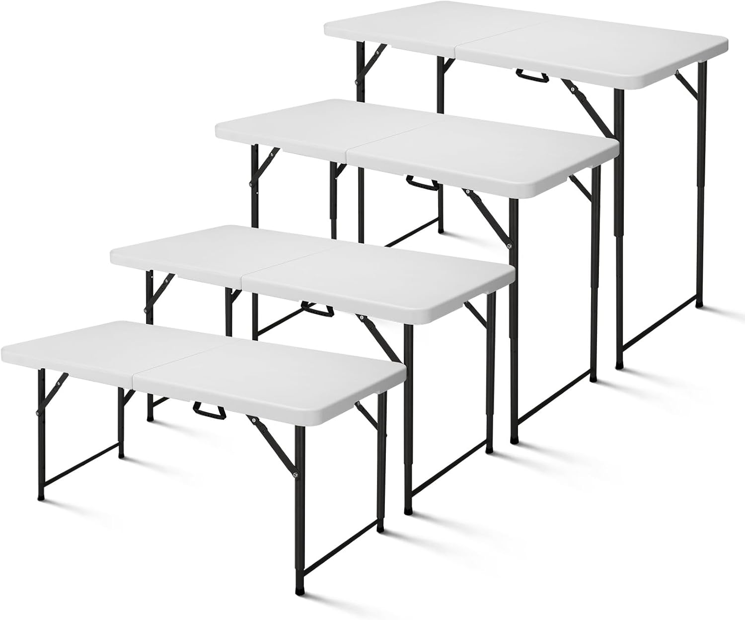 4ft Folding Table, Portable Fold-in-Half Adjustable Height Utility Table for Indoor/Outdoor Use, Durable HDPE & Steel, Stable & Lightweight, Multi-Purpose, White