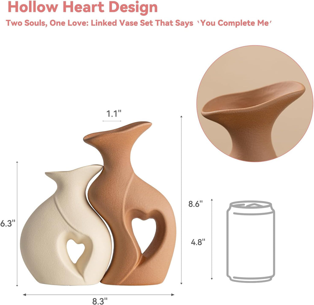 Heart Linked Couple Vase Set - 2-Pcs Beige & Brown Ceramic Vases with Hollow Heart Design, Romantic Gifts for Couples, Wedding Decor for Couple,Decorative Vase for Living Room/Dresser