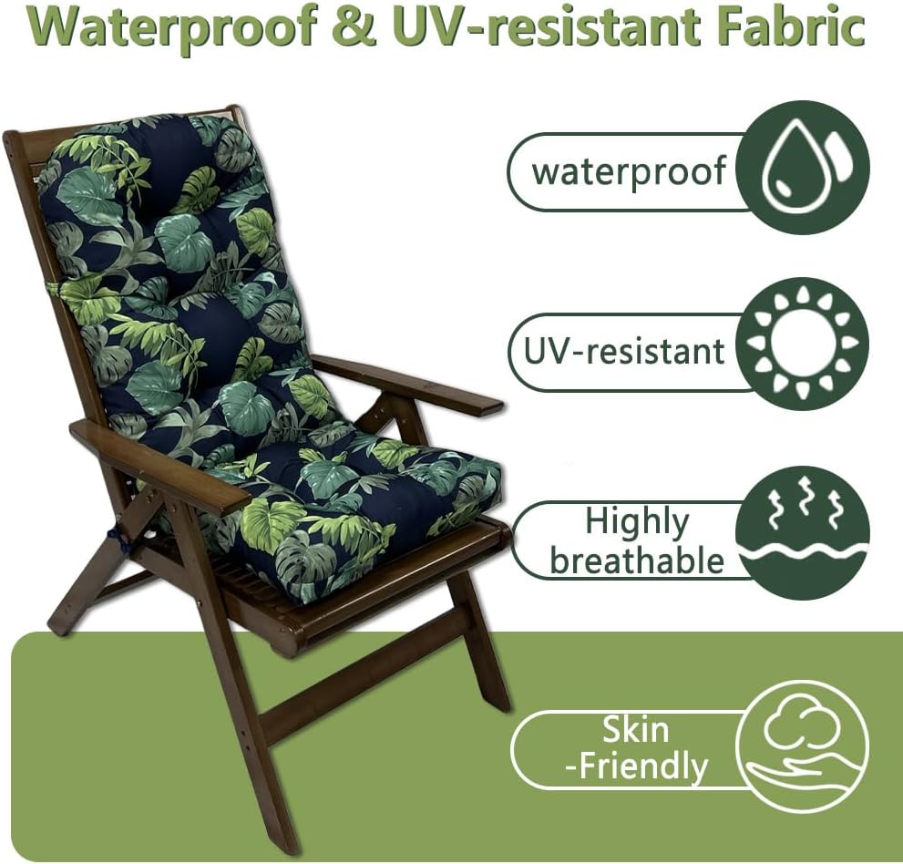 Indoor/Outdoor Rocking Chair Cushion Waterproof 43.3×19.7 in-All Weather Patio&High Back Chair Cushions with Ties,Thicken Outdoor Garden Furniture Chair Pads Replacement (Green Leaf)