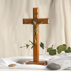 KUXBET Crucifix Cross Catholic 10.7 Inch Wooden Jesus Christ Wall Cross Stand, Hanging or Tabletop with Stand for Home Decor (10.7" L x 5.0" W)