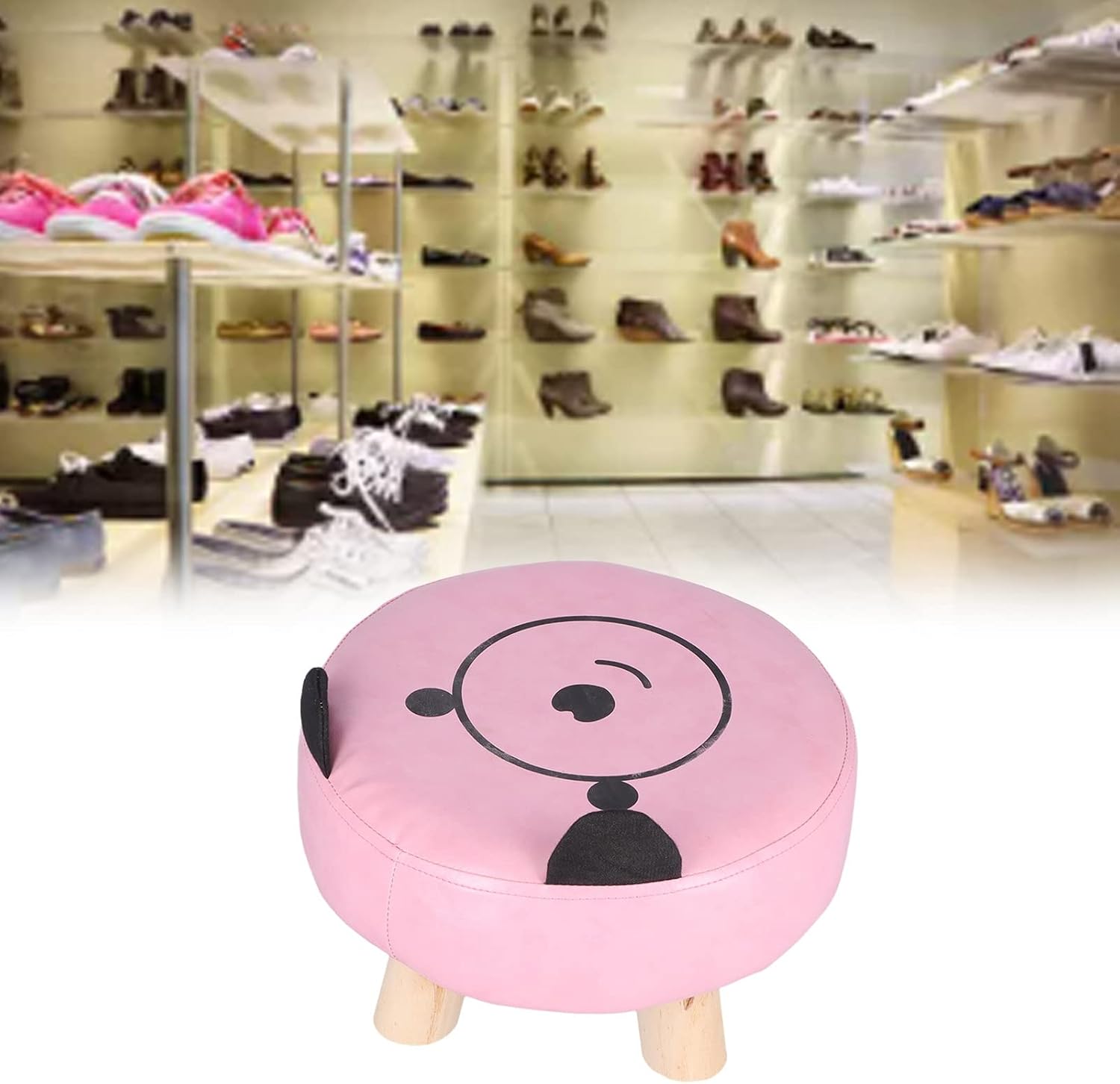 Small Under Desk Footrest Cute Cartoon Ottoman with 4 Stable Log Legs, Compact PU Leather Footstool for Kids, Children's Room Bedroom Living Room Step Stool