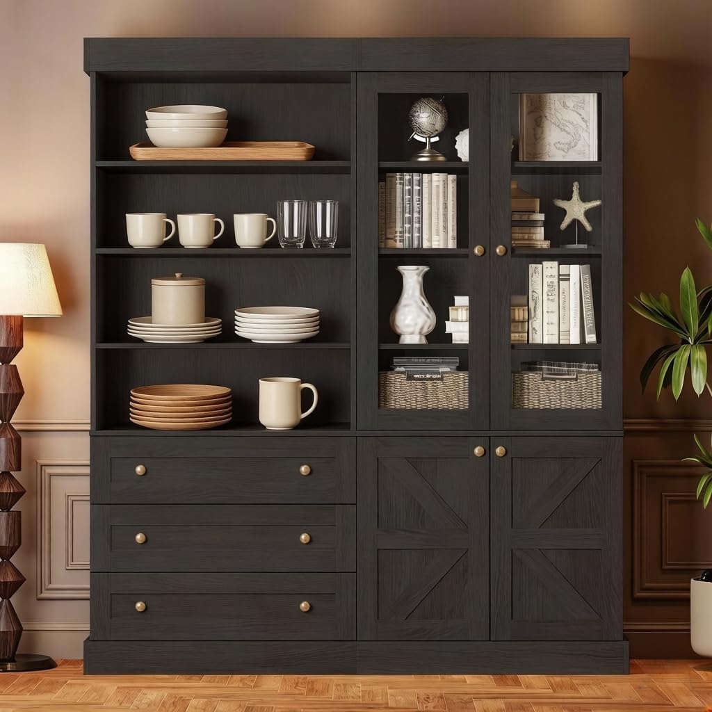 Vyre 71" Tall Farmhouse Kitchen Pantry, Large Storage Cabinets with Glass Doors, Hutch Cabinet with 3 Drawers, Adjustable Shelves for Living Room, Dining Room, Black