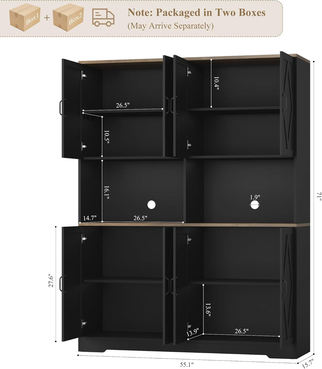 HOSTACK 71" Tall Pantry Cabinet, 55" Wide Kitchen Pantry Storage Cabinet, Large Kitchen Hutch with 2 Microwave Stands, Farmhouse Coffee Bar Station with Doors and Shelves for Dining Room, Black