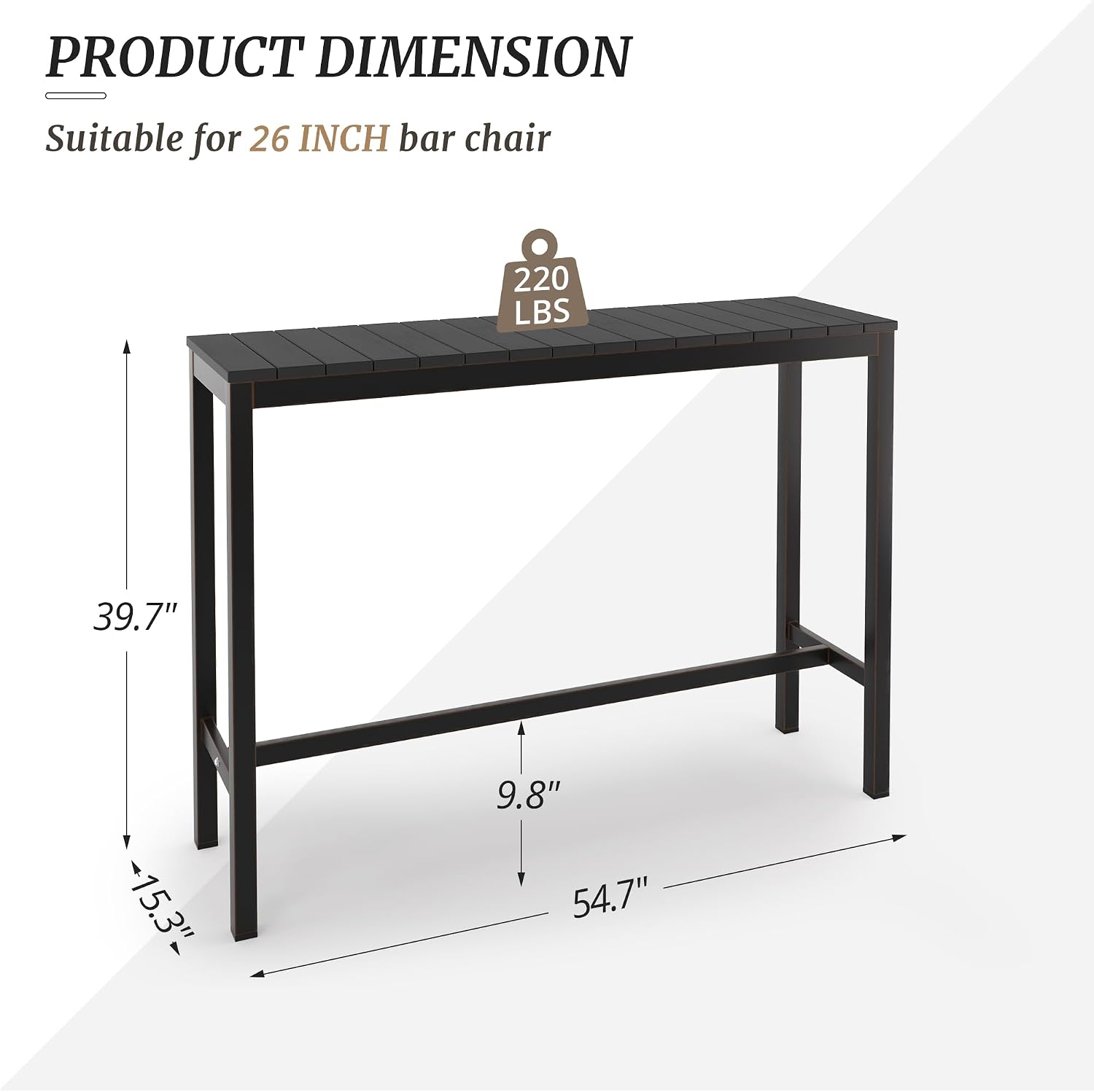 Cozyman Outdoor Bar Table, 55" Patio Bar Height Counter Console Table, Black Waterproof HDPS Slatted Top and Bronze Leg, Weather Resistant, Hot Tub, Balcony, Yard, Indoor or Outdoor Use
