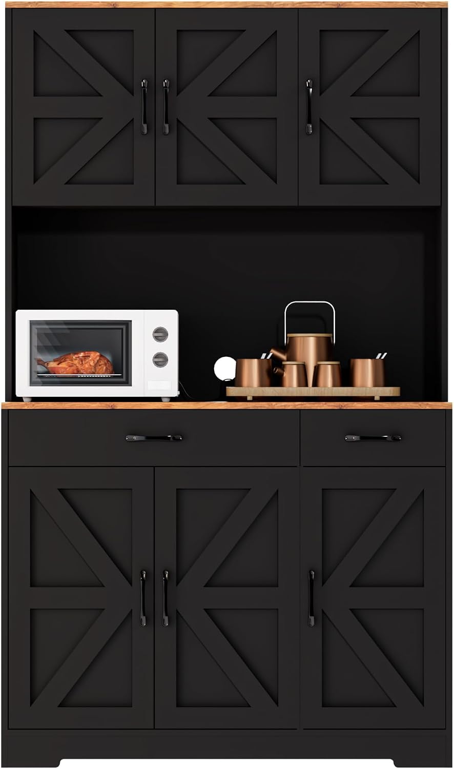 71" Pantry Cabinet with Charging Station, Farmhouse Kitchen Storage Cabinet with Drawers, Large Kitchen Hutch with 6-Zone Organization for Dining, Kitchen, Living Room (Black)