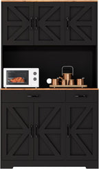 71" Pantry Cabinet with Charging Station, Farmhouse Kitchen Storage Cabinet with Drawers, Large Kitchen Hutch with 6-Zone Organization for Dining, Kitchen, Living Room (Black)