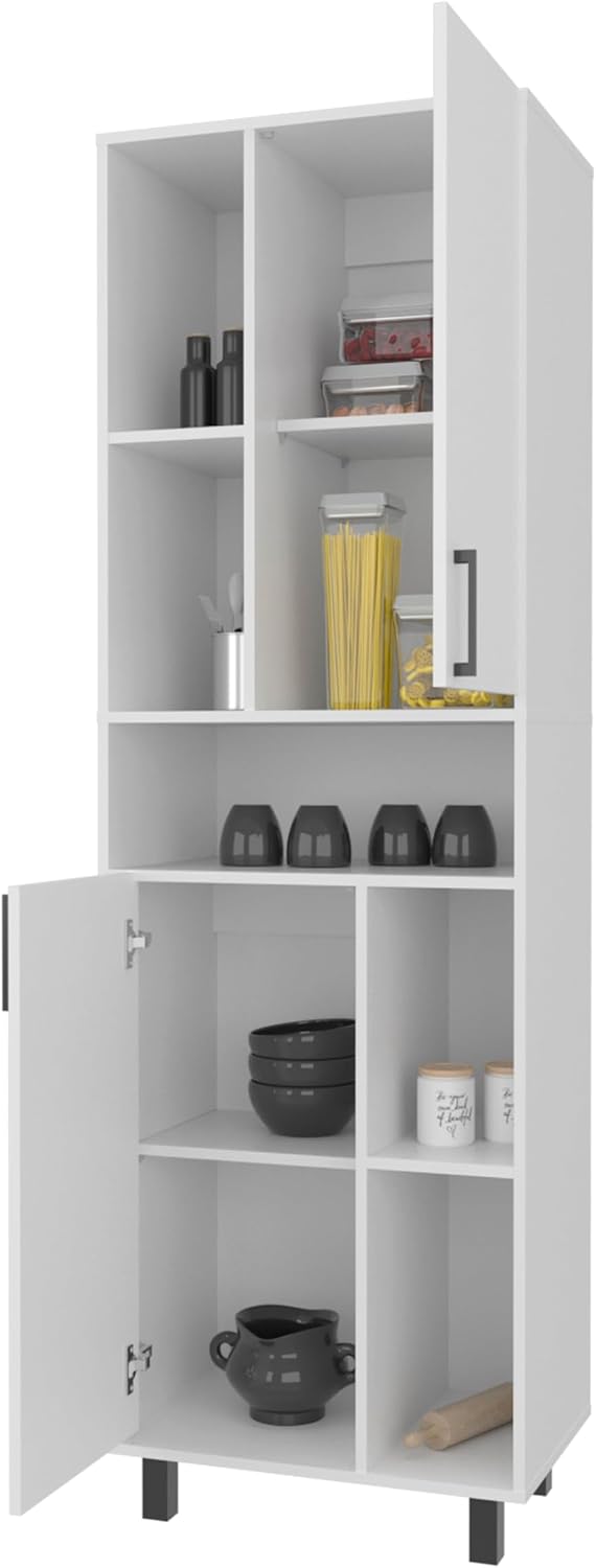 23.6" D*16.2" W*74.8" H Freestanding Kitchen Pantry with 4 Shelves, 2 Single Doors, Rectangular Wood Storage Cabinet, Modern Minimalist, for Living Room, Dining Room, White