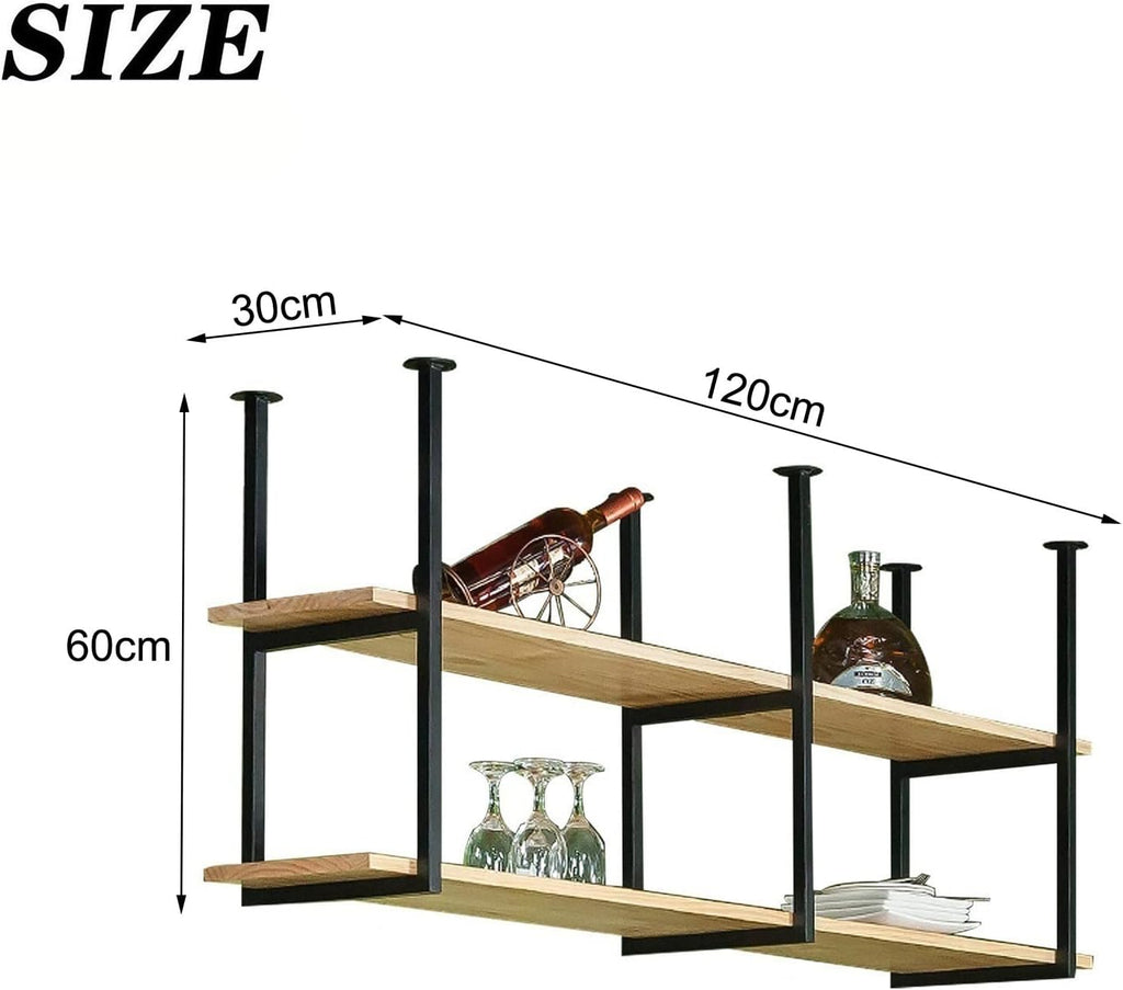 Ceiling Shelf, Floating Shelves Kitchen Storage Wine Rack, Industrial Ceiling Mount Shelf 2 layer, Wine bottle, Wine Glass, Dish Storage Rack, for Restaurant, Bar, Kitchen (47.2×11.8×23.6in, Black)