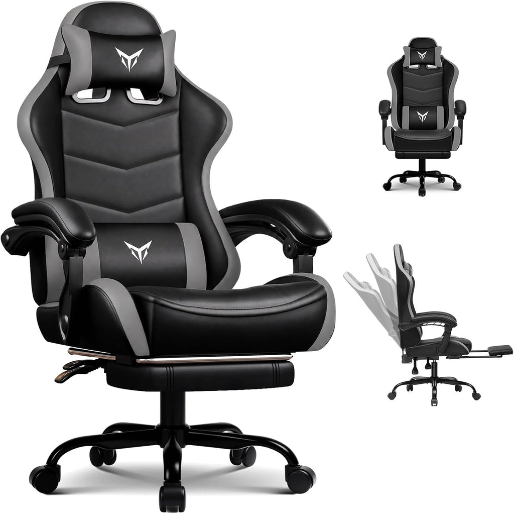 EXRACING Gaming Chair with Footrest, Ergonomic Computer Chair 350lbs High Back for Adults, Height Adjustable Video Game Chair with Headrest and Lumbar Support, 360° Swivel, PU Leather, Grey