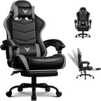EXRACING Gaming Chair with Footrest, Ergonomic Computer Chair 350lbs High Back for Adults, Height Adjustable Video Game Chair with Headrest and Lumbar Support, 360° Swivel, PU Leather, Grey