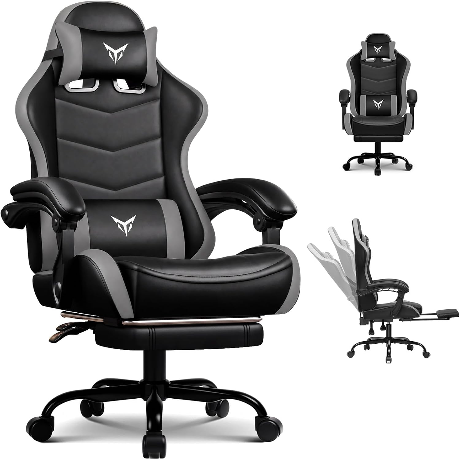 EXRACING Gaming Chair with Footrest, Ergonomic Computer Chair 350lbs High Back for Adults, Height Adjustable Video Game Chair with Headrest and Lumbar Support, 360° Swivel, PU Leather, Grey
