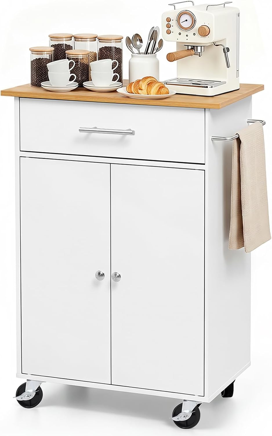 VEVOR Kitchen Island Cart with Storage, 24.84 in Wide Mobile Rolling Storage Island on Swivel Wheels, with Drawer, Storage Cabinet, Towel Rack, Hooks, Table for Home Dining Room, White