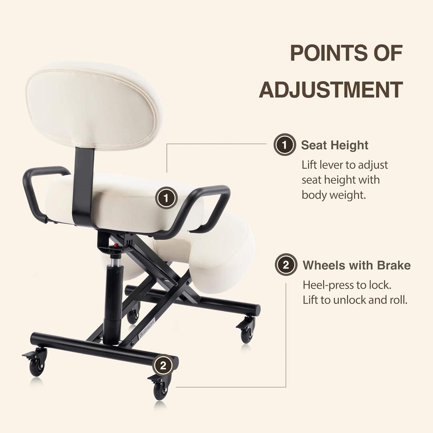 Ergonomic Kneeling Chair with Backrest, Improve Posture, Thick Cushions, Locking Wheels for Home & Office, AKONI 512B (Vanilla)