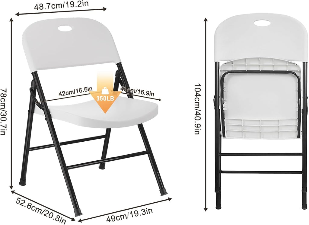 SKONYON White Plastic Folding Chairs Set of 4, 350LB Heavy Duty Metal Frame Foldable Chair for Indoor Outdoor, Lightweight Portable Stackable Fold Up Chairs for Wedding Party Picnic Patio