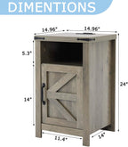 Grey Farmhouse Nightstand Set of 2, Rustic End Table with Barn Door and Shelf, Bedside Table with Charging Station for Living Room, Bedroom