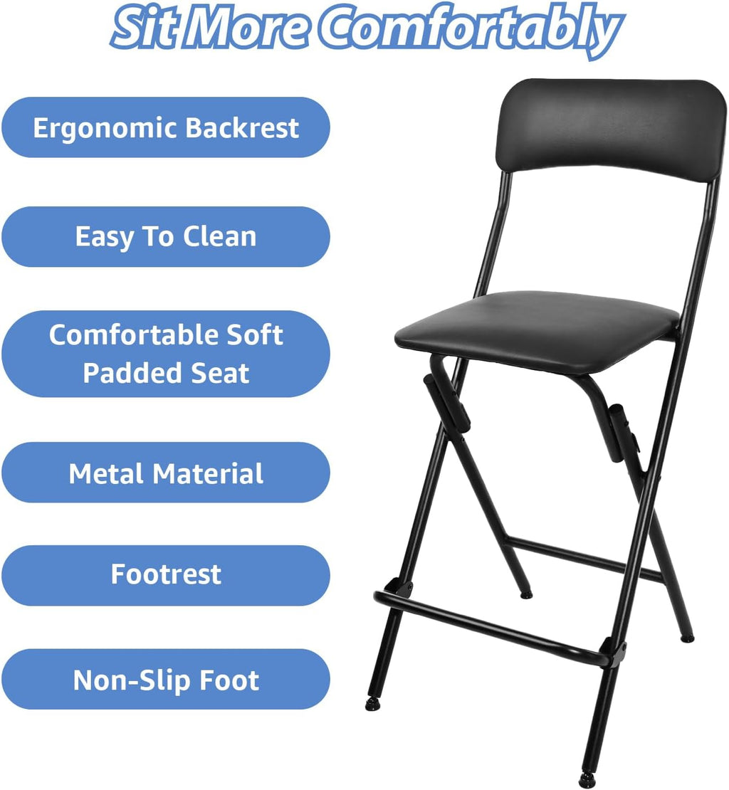 Folding Bar Stool with Backrest,25 Inch Leather Padded Counter Height Foldable Stool,Tall Folding Stool Chair for Gardening Kitchen Shop Cafe, Black (2 Pack)