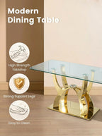 69" Rectangle Glass Dining Table Set for 6, Modern Tempered Glass Table with Stainless Steel Legs & Velvet Upholstered Chairs, Suitable for Dining Room, Kitchen, Gold & Beige