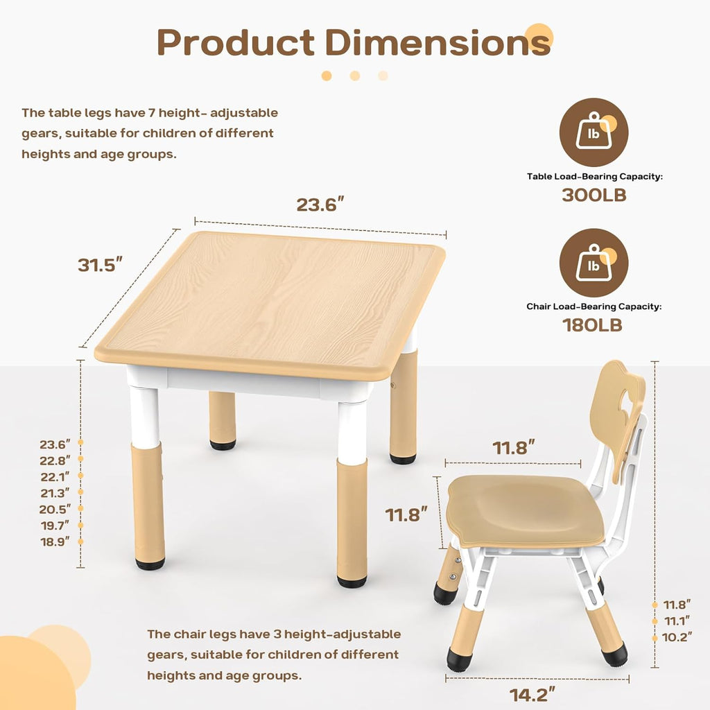 HLPB Kids Table and 4 Chairs Set, Adjustable Height, Graffiti Desktop, Non-Slip Legs, 31.5''L x 23.6''W Toddler Multi-Activity Table for Ages 2-8, Max 300lbs, for Daycare, Classroom, Home