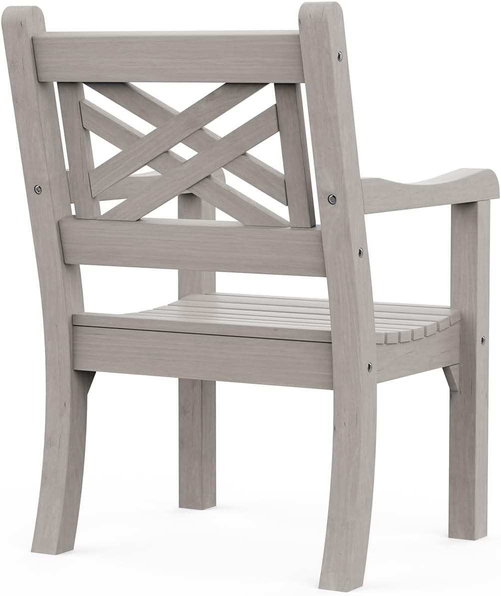 Psilvam Poly Lumber Outdoor Patio Chair with Arms, Weather Resistant Farmhouse Dining Chair with Cross Back, All-Weather Garden Chair, Low Maintenance Outdoor Seating for Backyard Deck Porch, Gray