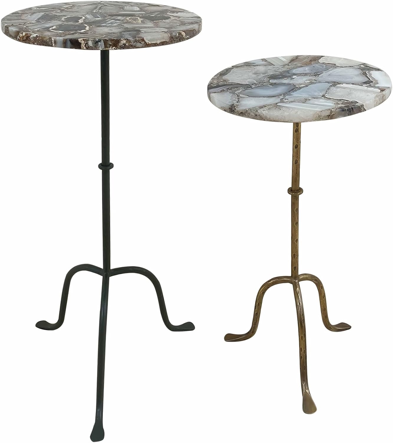 East at Main Agate Stone Cocktail and Martini Tables Set of 2 – Handcrafted Accent Tables with Polished Agate Tops, Side Tables for Living Room, Matte Black and Antique Brass Bases, 11” and 10” Sizes