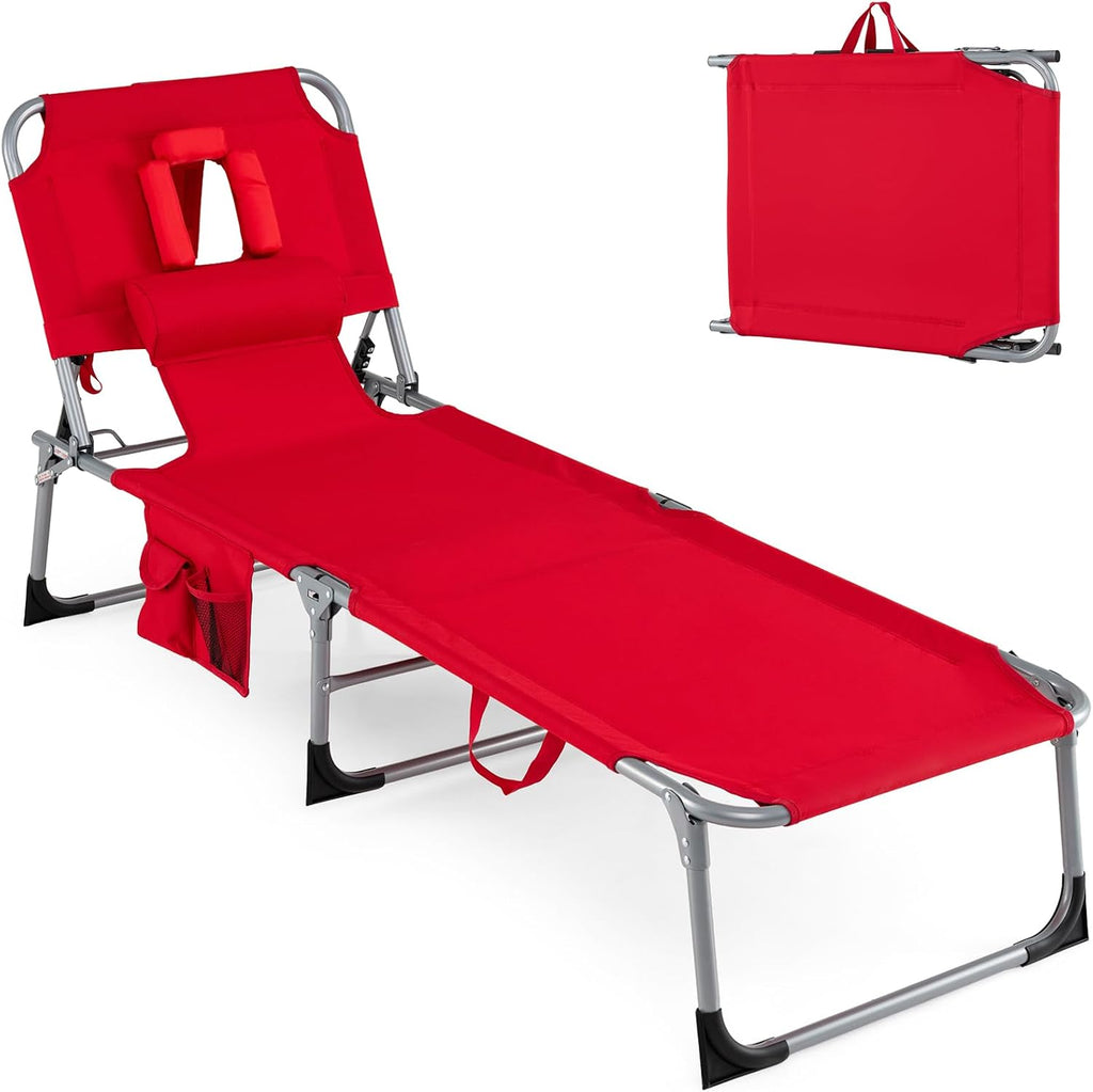 Goplus Tanning Chair, Folding Adjustable Patio Lounger w/Face Arm Holes, 4-Position, 330 LBS, Removable Cushion,Carry Strap, Outdoor Sunbathing Chair, Lightweight Portable Beach Lounge Chair (1, Red)