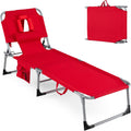 Goplus Tanning Chair, Folding Adjustable Patio Lounger w/Face Arm Holes, 4-Position, 330 LBS, Removable Cushion,Carry Strap, Outdoor Sunbathing Chair, Lightweight Portable Beach Lounge Chair (1, Red)