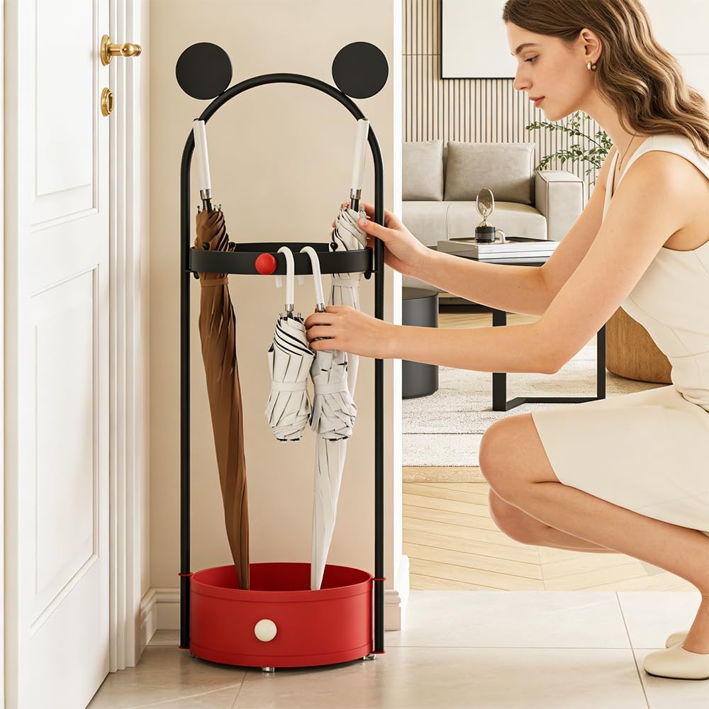 Umbrella Holder for Entryway, Cute Freestanding Metal Umbrella Stand with Removable Drip Tray & Hooks, Modern Decorative Umbrella Storage Rack Organizer for Home, Indoor, Living Room, Office, Hotel