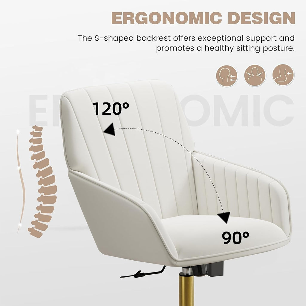 YISHENG Velvet Home Office Chair with Gold Base Upholstered Tufted Modern Height Adjustable 360 Degree Swivel Desk Chair with Wheels, Vanity Chairs for Living Room, Bedroom,Study Room (Cream)
