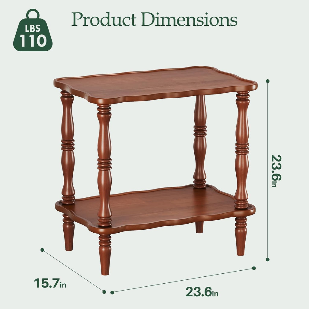 Solid Wood End Table Living Room - 23.6" H Small Narrow Rectangle Wooden End Table for Small Spaces, Dark Real Brown Solid Wood Vintage Antique Side Bedside Table Nightstand with 2-Tier Storage