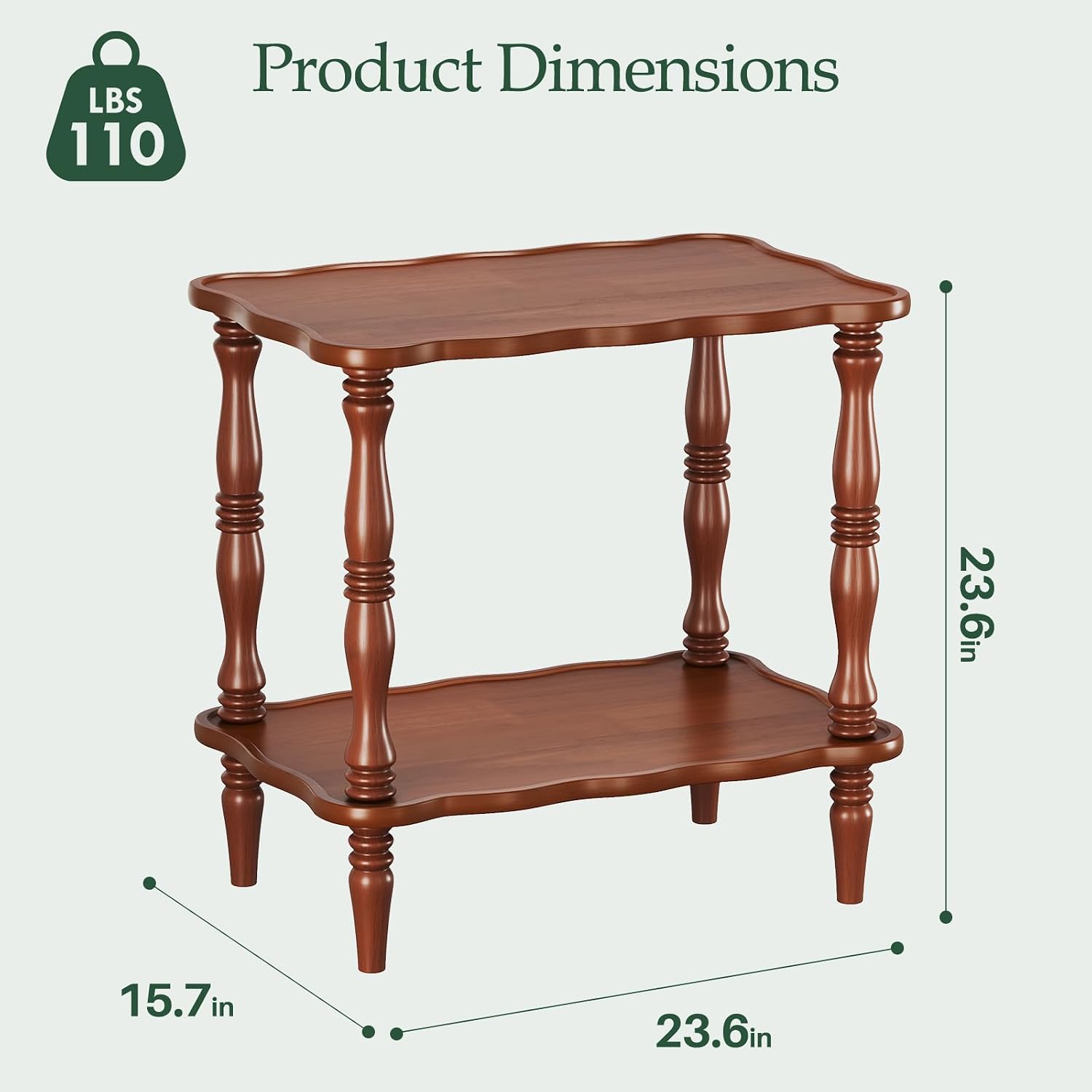 Solid Wood End Table Living Room - 23.6" H Small Narrow Rectangle Wooden End Table for Small Spaces, Dark Real Brown Solid Wood Vintage Antique Side Bedside Table Nightstand with 2-Tier Storage