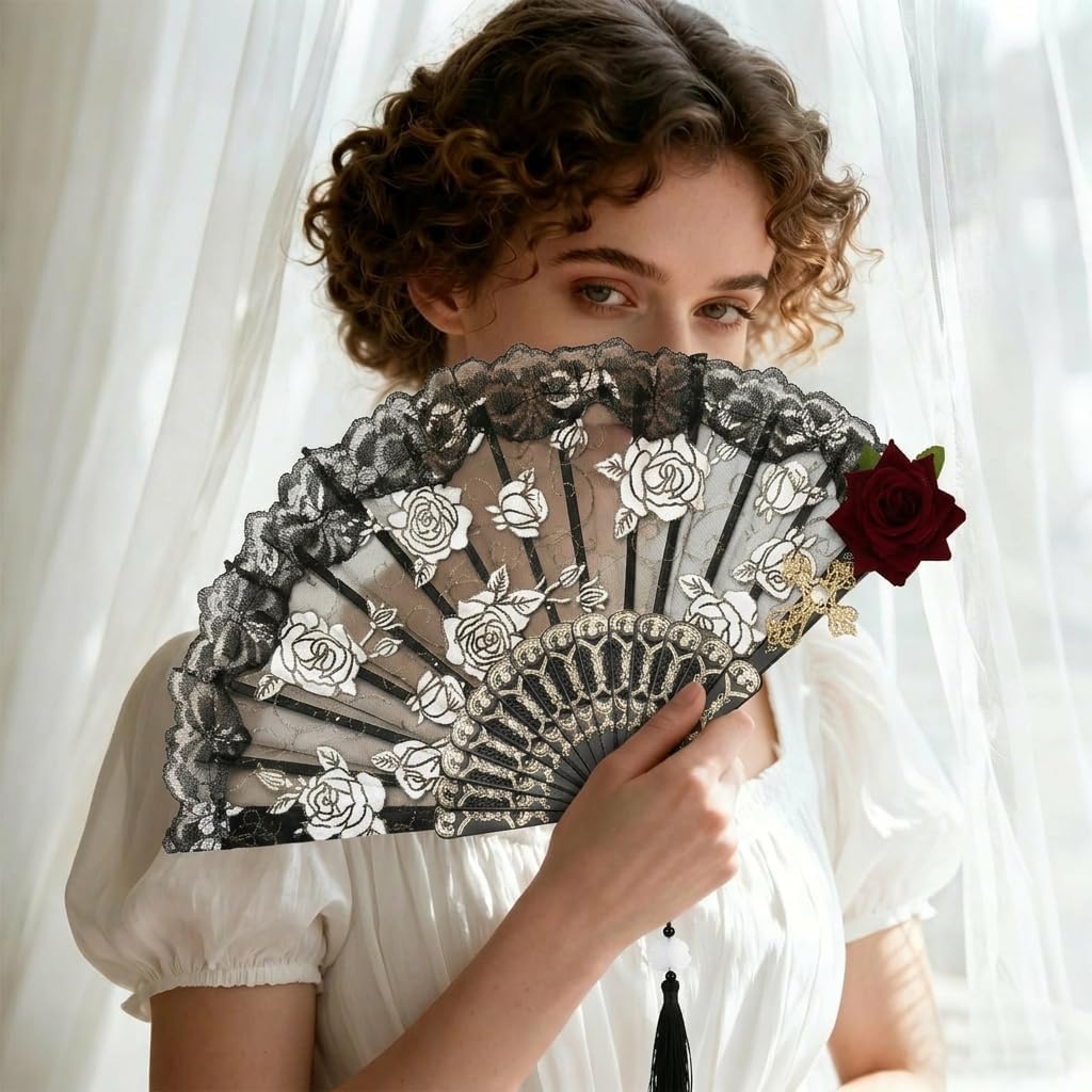 Vintage Lace Folding Hand Fan with Rose & Cross Design, Handmade Decorative Handheld Fan for Party Dance Photography Prop