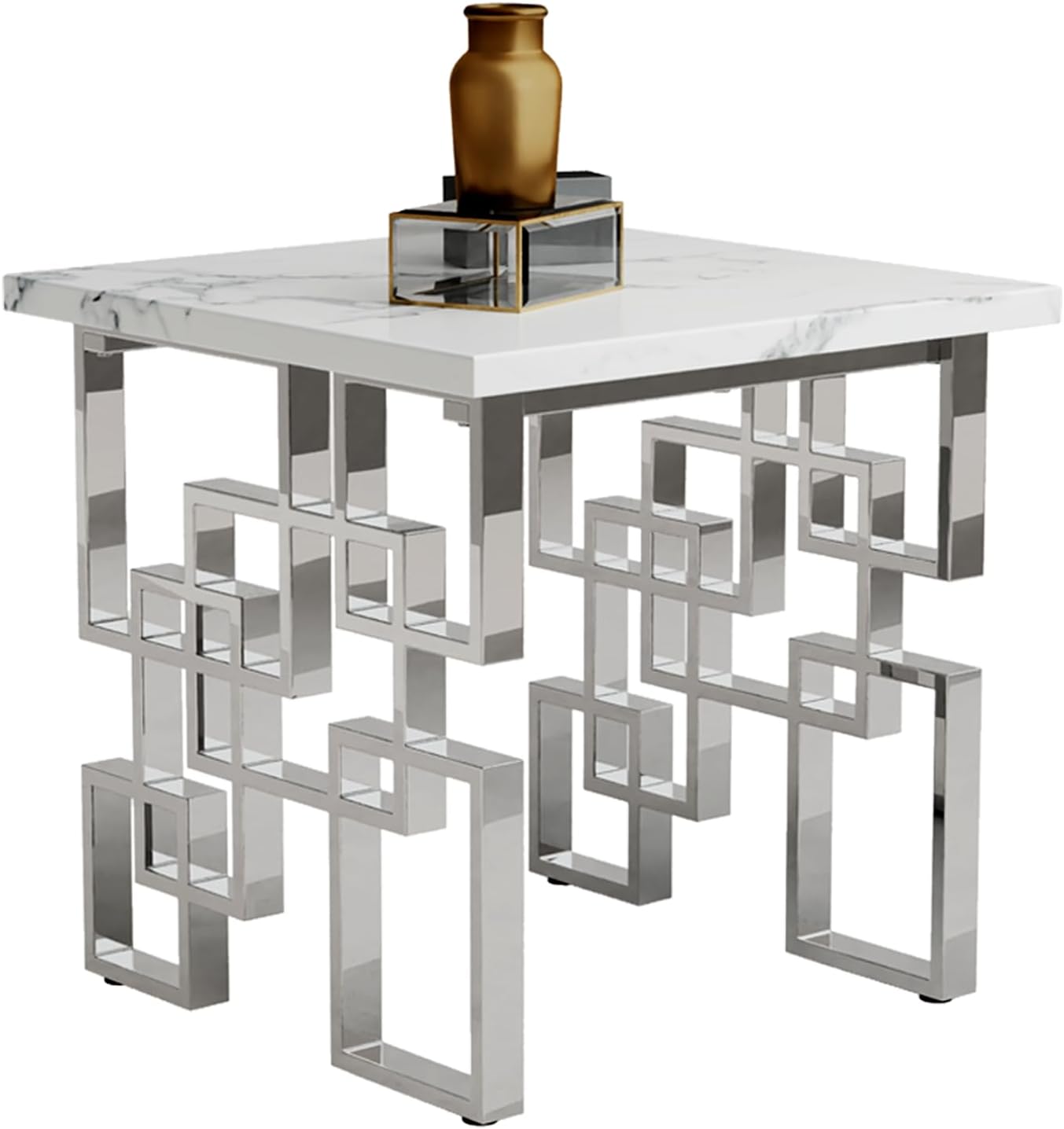 AUZ Silver End Table, Modern Square Living Room Side Table with White Faux Marble Top and Mirrored Silver Metal Geometric Base