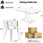 7 Pieces Modern Luxury Glass Dining Set, Large Minimalist Rectangle Dinner Set for 6, 63'' Clear Glass Top Kitchen Table Set with White & Gold Base, Black Dining Chairs, for Apartment