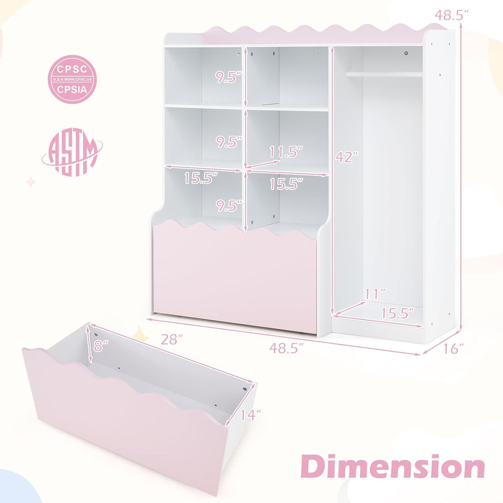 Costzon 2 in 1 Kids Toy Storage Organizer, Dress up Closet Wardrobe w/Clothing Rack, 6 Cubes & Movable Drawer, Multifunctional Kids Bookshelf Storage Chest for Kids Room, Playroom, Nursery