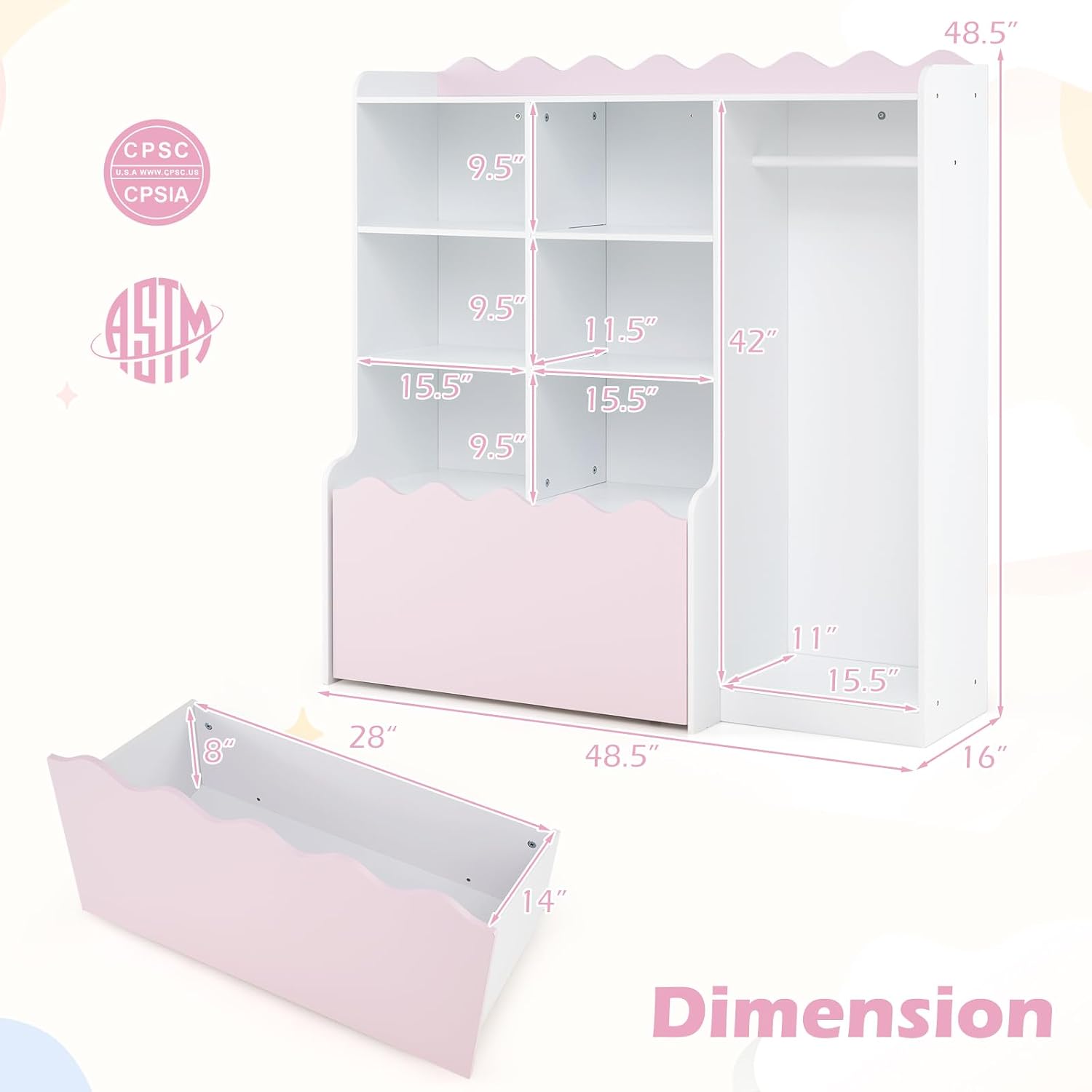 Costzon 2 in 1 Kids Toy Storage Organizer, Dress up Closet Wardrobe w/Clothing Rack, 6 Cubes & Movable Drawer, Multifunctional Kids Bookshelf Storage Chest for Kids Room, Playroom, Nursery