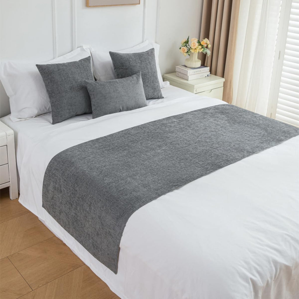 Chenille Bed Runner Soft Solid Color Bed Scarf for Twin Queen King Size Bed, Modern Minimalist, 12 Colors, 4 Sizes, Matching Pillow Covers Optional-White||2Pillowcase 30x50