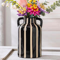 SURE YUESI Black Ceramic Vase with Handles, Modern Farmhouse Striped Decorative Vase, 9.1" Art Deco Tall Flower Vases for Pampas Grass, Shelf Decor, Dining Table Centerpiece, Living Room Home Decor